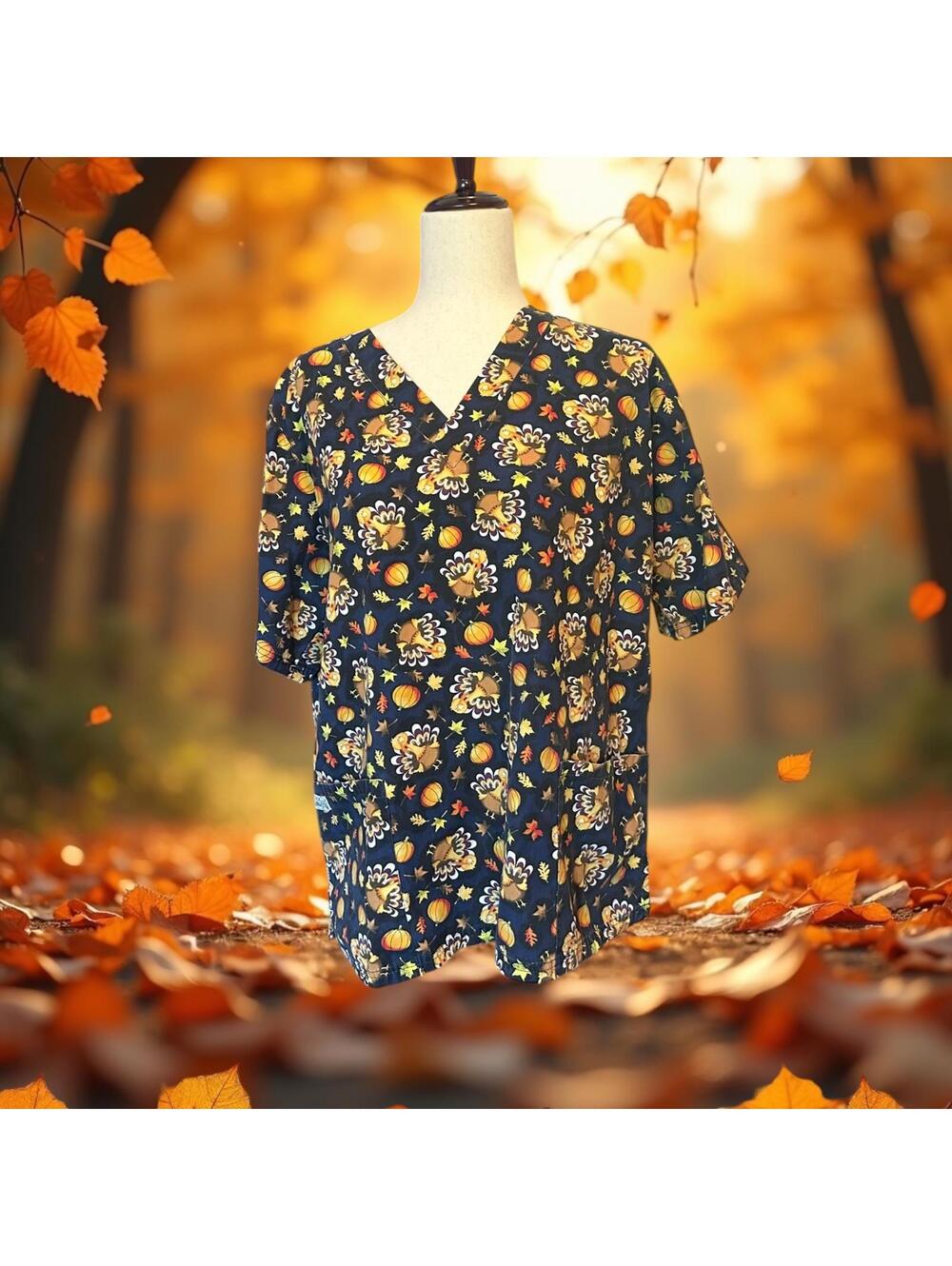 Women's Autumn-Themed Scrub Top with Turkey Print